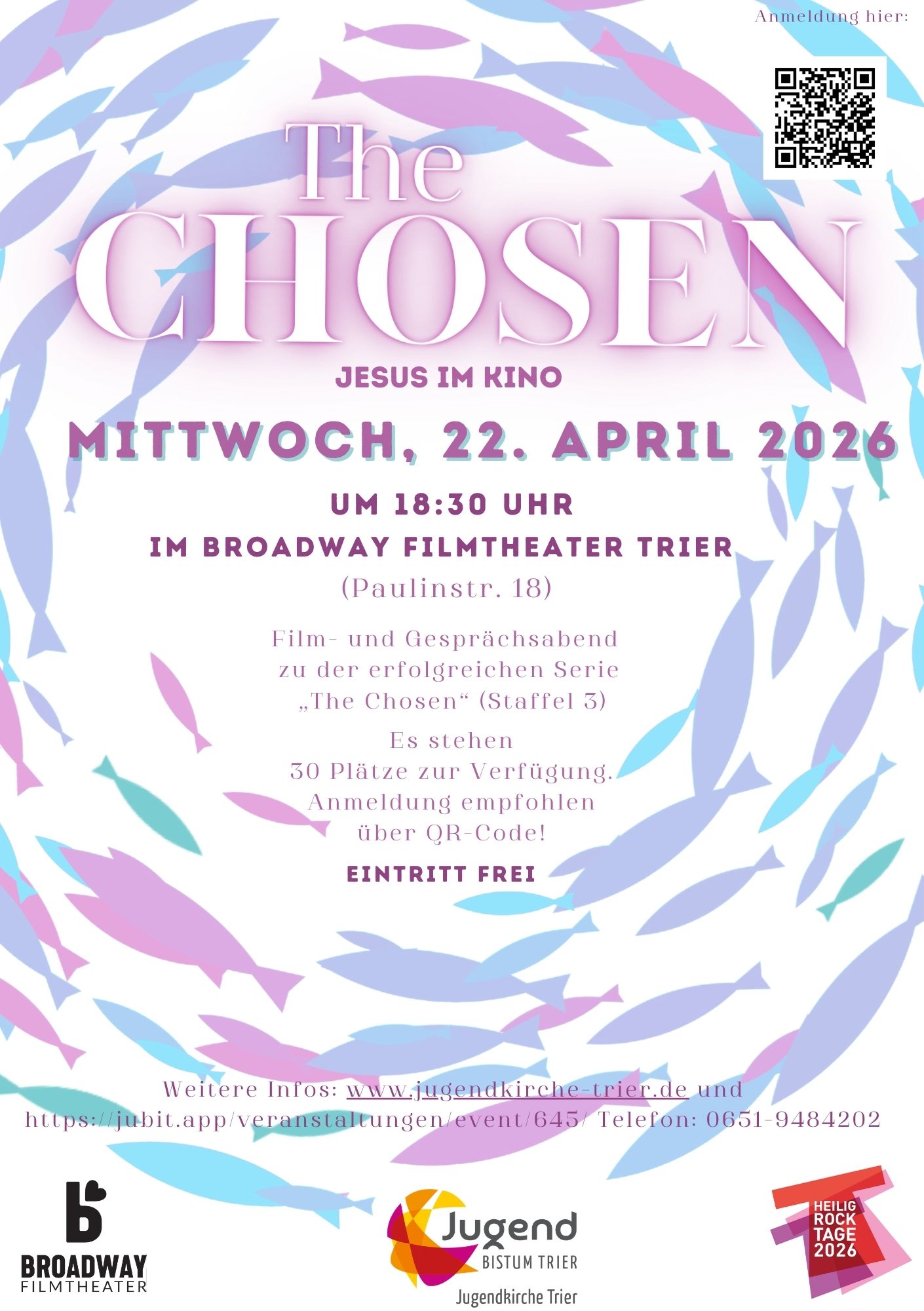 schön gestalteter Flyer mit lila blauen Fischen