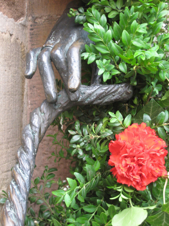 Eine Hand hält ein Seil (Standort neben einer Blume)