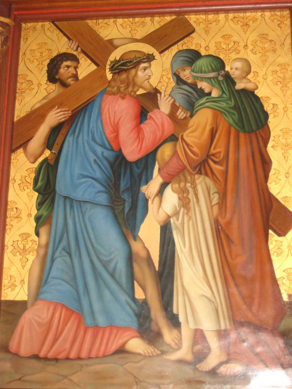 Gemälde - Jesus und weitere Menschen tragen das Kreuz